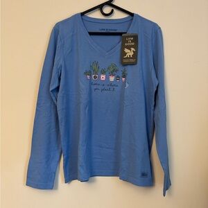 NWT Life Is Good Blue Long-Sleeve V-Neck Tee with Potted Plant Graphic